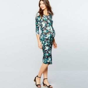 Isabella Oliver Teal Blue Floral Maternity 3/4 Sleeve Midi Dress Size Medium